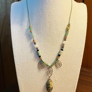 Artisan Serpentine Stone Pendant Necklace 16” Organic Modern Boho